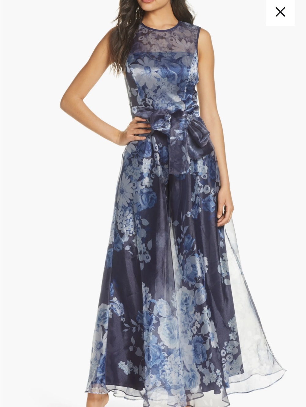 Eliza J Navy Floral Midi Dress with Self-Tie Belt